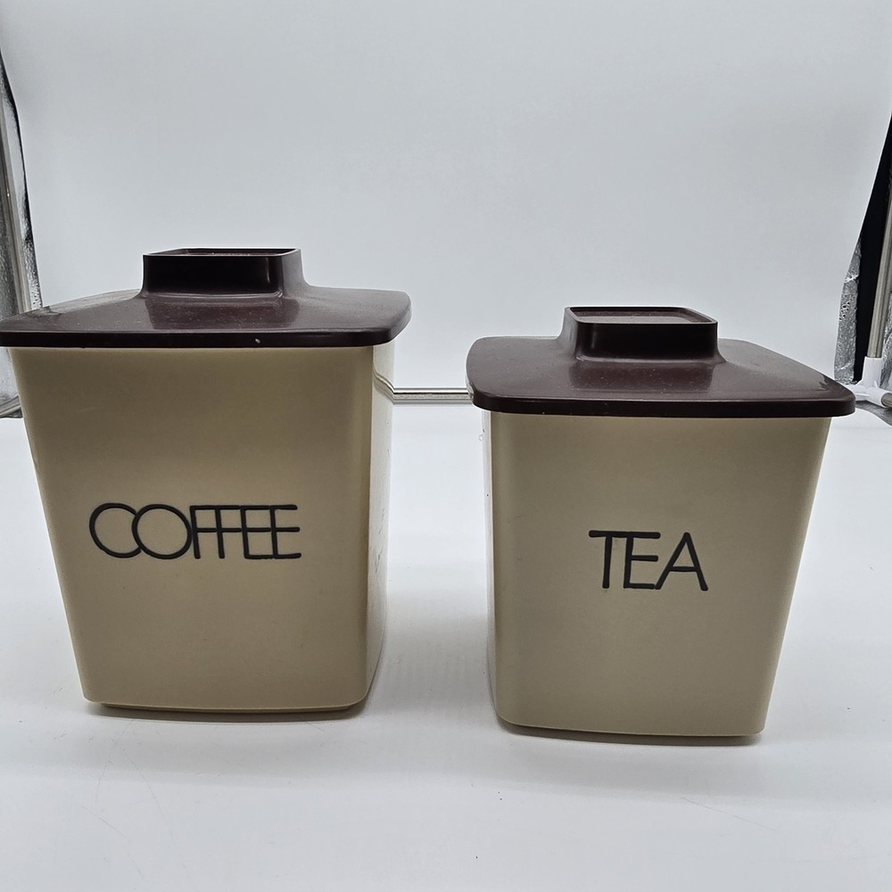 Vintage 70s 2 Piece Plastic Tan Brown‎ Canister Coffee Tea Only Kitchen Decor